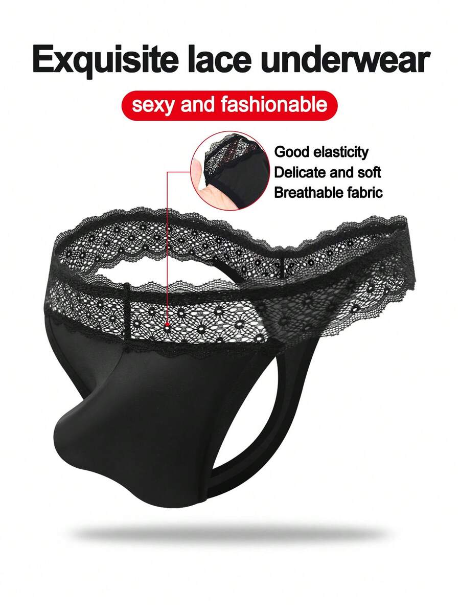 Fashionable Black Fabric U-Pouch Lace Trim Sexy Briefs For Men - Black - View 1