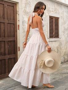 EMERY ROSE 女士休闲露背格子荷叶边连衣裙，适合度假 - 彩色 - 查看 1