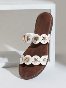 SHUZIA Women's Minimalist Comfortable, Durable, Double Band Slip-On Flat Sandals With Metal Ornaments Valentine's Day - White - View 4