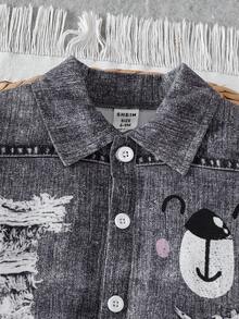 SHEIN 男婴牛仔印花短袖连体衣 - 深灰色 - 查看 6