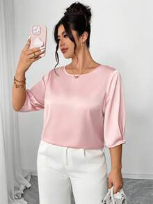 Elenzga Áo kiểu nữ cỡ lớn màu hồng lãng mạn cổ tròn tay lửng, cổ tay bồng thoải mái, thanh lịch và đa năng cho mùa xuân/hè, phù hợp cho các buổi họp mặt, tiệc trà chiều, đám cưới, tiệc tùng. - Hồng - Xem 6