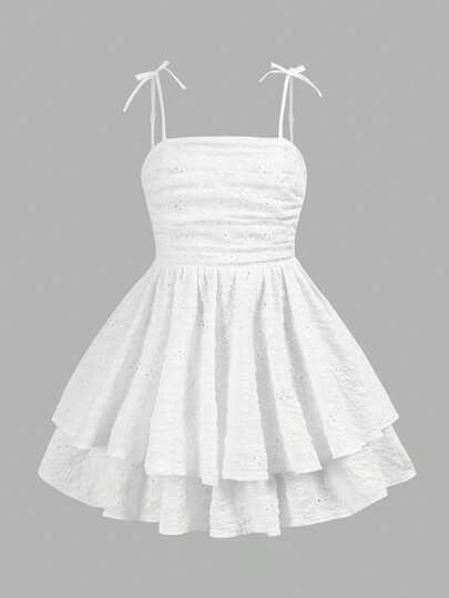 SHEIN Tween Girls' Woven Solid Color Bubble Pleated Double Layer Skirt Casual Strappy French Fairy Dress, Vacation