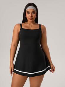 Rhythm Era 大码女式休闲无袖连衣裙，露背设计，撞色拼接，内置短裤和口袋，适合日常休闲穿着、跑步、瑜伽、健身、网球等运动。