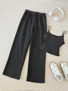 SHEIN 少女休闲家居服修身吊带背心和阔腿条纹针织裤套装，灰色 - 灰色 - 查看 7