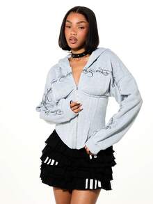SUMWON WOMEN Oversized Embroidered Graphic Hoodie With Drawstring And Centre Pocket For Casual Winter Street Style - Grey - View 1