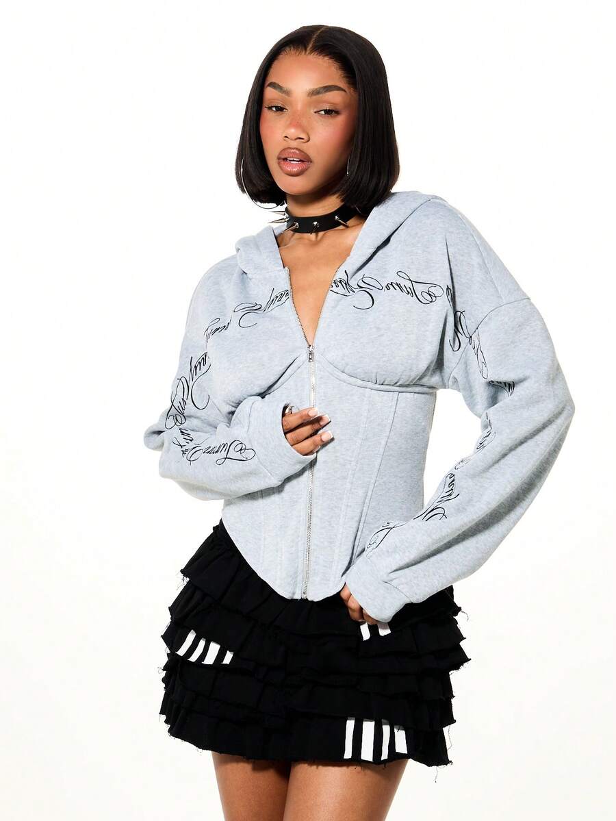 SUMWON WOMEN Oversized Embroidered Graphic Hoodie With Drawstring And Centre Pocket For Casual Winter Street Style - Grey - View 1