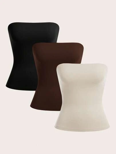 SHEIN BASICS 3pcs/Set Casual Solid Color Knit Camisole Tops For Women/Summer\Off-The-Shoulder Top