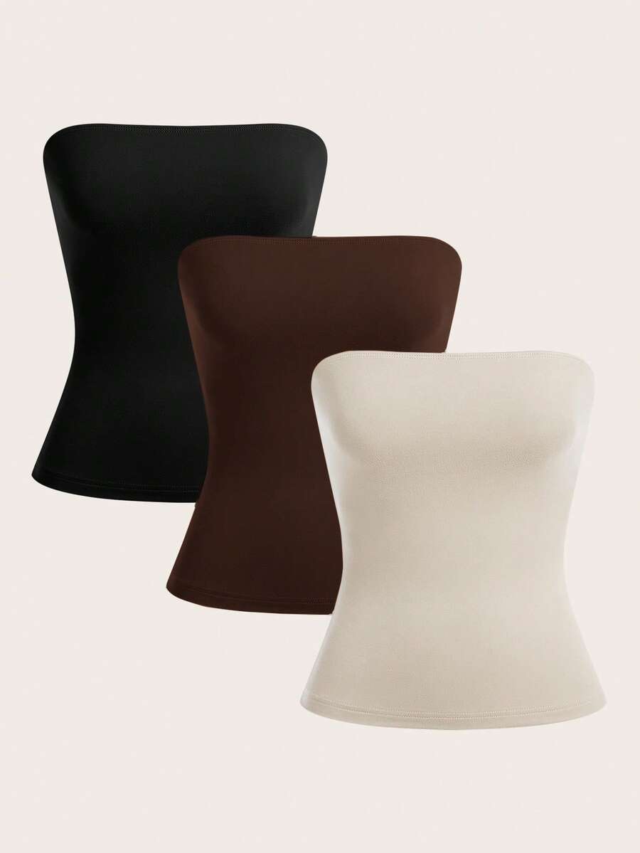 SHEIN BASICS 3pcs/Set Casual Solid Color Knit Camisole Tops For Women/Summer\Off-The-Shoulder Top - Brown - View 1