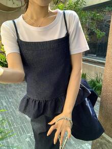 FRIFUL Women's Casual Denim Camisole Top With Ruffle Hem And Denim Pants Set, Summer Spring - Blue - View 4