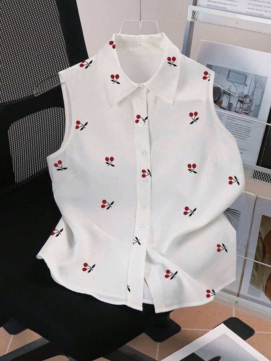 Resyla 大码女式无袖水果樱桃印花休闲衬衫，百搭夏季户外服饰 - 白色 - 查看 1