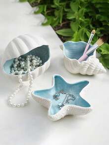 3pcs/1pc 5.51*2.36*2.76 Inch Sky Blue Shell Shaped Jewelry Tray & Key Bowl, Ceramic Jewelry Storage Tray. Birthday Gift, Graduation Gift - Multicolor - View 6