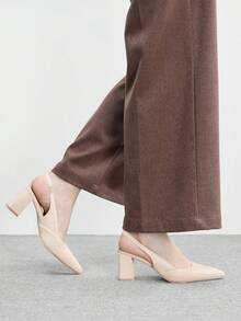 CUCCOO BIZCHIC Women's Fashion Black Open Back Pointed Toe Chunky Heels Pumps, Classic Minimalist Design For Commuting, Dating, Party, Holiday, Wedding Valentine's Day - Milk tea apricot - View 5