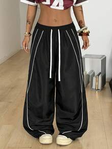 Coolane 女士黑色编织撞色滚边抽绳腰休闲阔腿裤 - 黑色 - 查看 4