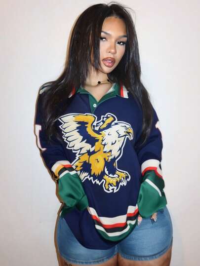 Slaydiva 2025 Autumn/Winter New Year, Valentine's Day, Party, Banquet, Date, Birthday Party, College Style, Student Wear, Daily Outing, Basic Versatile, Casual, Cruise Travel, Trending, Elegant, Commute, Business Casual Striped Contrast Color Polo Collar Long Sleeve, Half-Open Hem, Loose Fit, Navy Blue Base With Eagle & Number 10 English Print, Women Autumn/Winter Top T-Shirt