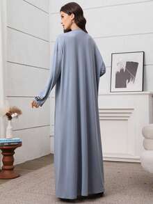 Graceveil 灰蓝色提花束腰连衣裙+外套，时尚优雅的法式阿拉伯风格女士套装 - 霧霾藍 - 查看 3