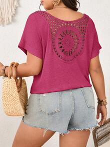 SHEIN Frenchy Plus Size Women's V-Neck T-Shirt With Sunflower Lace Patchwork Back, Going Out Tops Summer Casual Tops Tshirts For Women Summer Crochet Back Top Eyelet Top For Women Summer Short Sleeve Tops Cute Summer Tops Summer Casual Tops - Hot Pink - View 1
