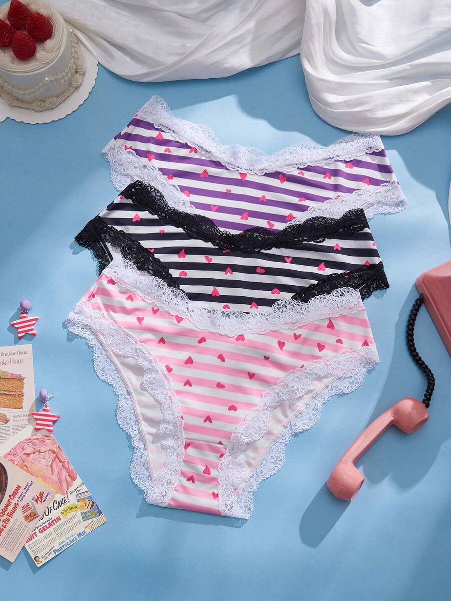 Eraneu 3pcs/Pack Lace Patchwork Panties, Valentine's Day - Multicolor - View 1