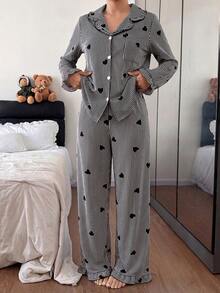 Dream Adore Conjunto de pijama con cárdigan de cuello con volantes y estampado de corazones a rayas - Multicolor - Ver 4