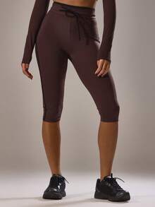 Musera Sport Sport Contrast Piping Tie Front Capri Pants Active Gym Workout Casual Sonder - Coffee Brown - View 1