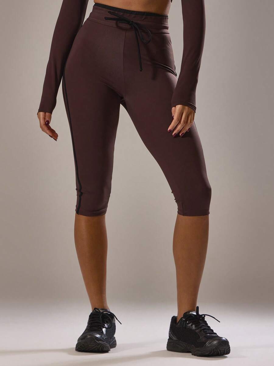 Musera Sport Sport Contrast Piping Tie Front Capri Pants Active Gym Workout Casual Sonder - Coffee Brown - View 1
