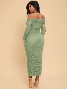 Radiana Đầm dài tay gợi cảm ôm sát, trễ vai, xếp ly, chất liệu lưới, thích hợp cho mùa xuân và hè. - Màu xanh Bạc hà - Xem 2