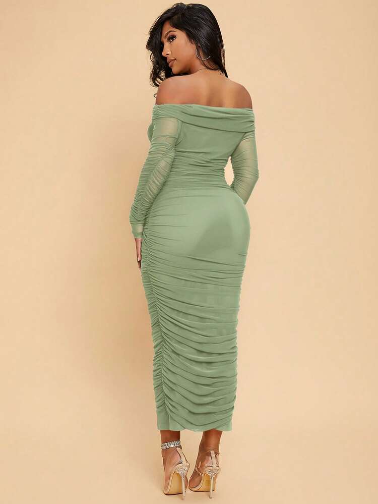 Radiana Women Autumn Sage Green Seductive Elegant Sexy Party Night Out Day Party Off-Shoulder Ruffled Mesh Tight Long-Sleeved Ruched Bodycon Midi Dress