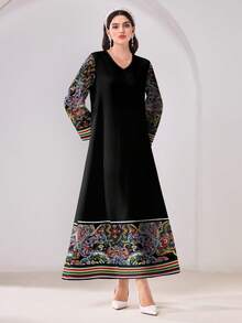 Al Najma Casual Modest V-Neck Floral Print Long Sleeve Arabic Dress Modest Dress Turkish Dress
