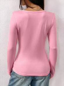 INAWLY 女士秋季简约纯色纽扣长袖T恤 - 粉色 - 查看 2