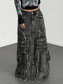 Jeanoix Plus Size Casual Tvättad Extra Lång Denimkjol - Grå - Visa 5