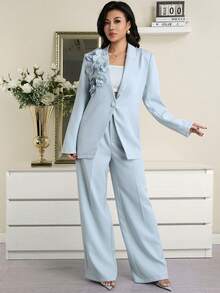 Modelyn Blazer elegante de mujer con un solo botón y diseño floral 3D para uso diario - Azul - Ver 4