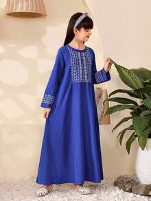 Tween Girl Vacation Embroidered Round Neck Loose Casual Dress - Royal Blue - View 3