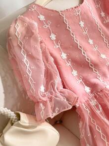 Elladie kids Tween Girls' Pink Textured Embroidered Puff Sleeve A-Line Waist Dress, Elegant Design - Pink - View 3