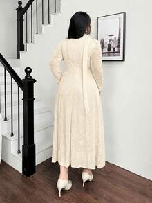 Feyla Plus Size Elegant Contrast Lace V-Neck Waist Cinched Dress, Autumn - Apricot - View 2