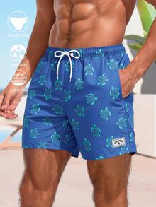 Manfinity Swimmode Men's Turtle Print Drawstring Waist Pocket Beach Shorts - Navy Blue - View 1