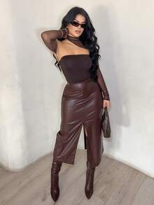 Dayanna Comas 女士黑色網紗接縫不對稱無肩帶連體衣，演唱會裝，裝備套裝，節日裝，夏季上衣 - 咖啡棕 - 查看 4