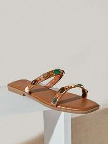 SHUZIA 女士简约舒适耐穿双带金属装饰平底凉鞋 - 紫紅色 - 查看 9