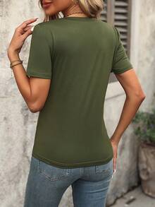 EMERY ROSE Women's Solid Color V-Neck Casual Versatile Daily Wear Short Sleeve T-Shirt - Army Green - View 2