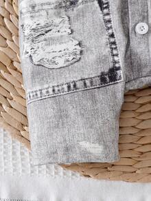 SHEIN Vintaside Kids Baby Boy Summer Casual Denim Effect Button Front Romper - Light Grey - View 3