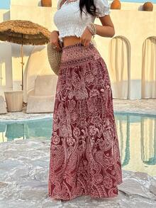 Sunnyshic Women's Bohemian Print Skirt, Casual Holiday Daily Wear, Spring/Summer - Burgundy - View 8