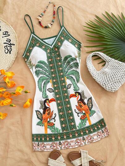 Soleia Đầm không tay in hình cây cọ dành cho nữ, kiểu dáng thường ngày, thích hợp cho kỳ nghỉ.