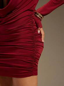 Hauture Vestido mini sexy de moda con pliegues, manga larga y cuello fruncido de unicolor para mujer - Burdeos - Ver 5