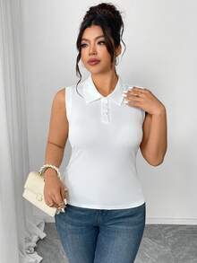 Elenzga Plus Size Women White Ribbed Knit Camisole,High Stretch Sleeveless Top,Half-Open Collar Pearl Button Splice,Elegant Fashionable Summer Casual Teacher - White - View 3