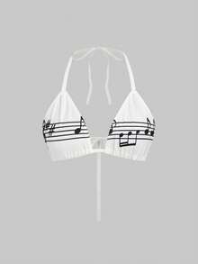 ROMWE J-Fashion Y2K Baddie 音符印花系带三角胸罩 - 白色 - 查看 1