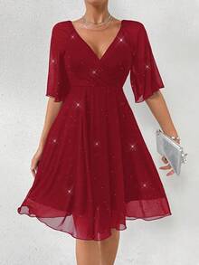 Rafferiza Mesh Embossed Ruffle Sleeve Waist Cinched Mini Dress - Burgundy - View 4