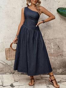 EMERY ROSE Women's Vacation Sleeveless Ruched Casual Denim Dress,Valentine's Day,Summer,Carnival,Beach,Party,Elegant Party Dress,Going Out,One Shoulder Dress,Cinched Waist A-Line Dress,Dark Wash Denim,French Style Denim Dress,French Chic,Quiet Luxury Dress,Office Chic Dress,Date Night Dress,Afternoon Tea Outfit,Feminine Chic,Spring Summer Dress,Vacation Dress,Weekend Outfit,One Shoulder Denim Dress,Dark Wash A-Line Denim Dress,French Cinched Waist Denim Dress,Elegant Denim Dress,Work To Date Denim Dress - Blue - View 4