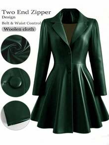 DreamSkyne Plus Size Women Minimalist Cinched Waist Mid-Length Jacket, Suitable For Commuting, Autumn/Winter - Dark Green - View 1
