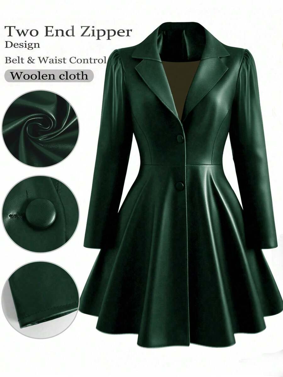 DreamSkyne Plus Size Women Minimalist Cinched Waist Mid-Length Jacket, Suitable For Commuting, Autumn/Winter - Dark Green - View 1
