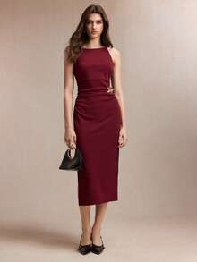 SHEIN BIZwear 2026 Spring/Summer New Wine Red Thin Strap Design Waist Ruched Metal Decor Dress, Versatile For Layering, Y2K, Office, Business, Social Occasions - Burgundy - View 5