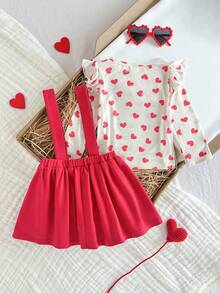 Cozy Pixies 2pcs Baby Girl Valentine's Day Heart Pattern Knit Soft Crew Neck Long Sleeve Top And Red Suspender Dress Set - Red - View 2