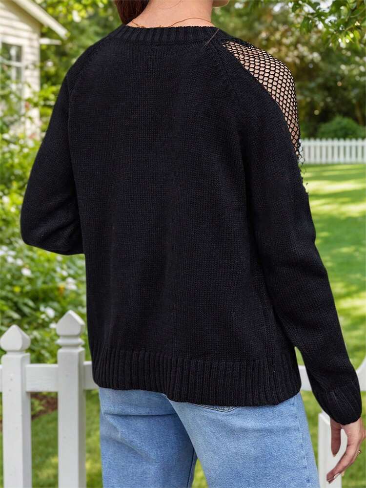 Solid Contrast Fishnet Raglan Sleeve Knit Pullover Fall Winter Sweater